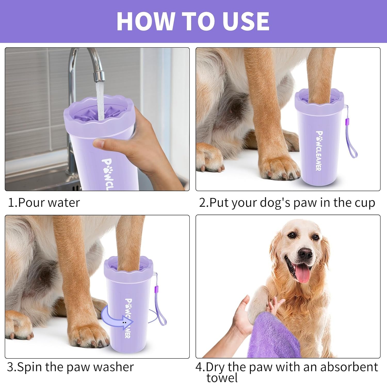 Dog Paw Cleaner, Washer, Muddy Pet Foot Cleaner for Small Medium Large Breed Dogs/Cats (With 3 Absorbent Towel) (Purple, Large)