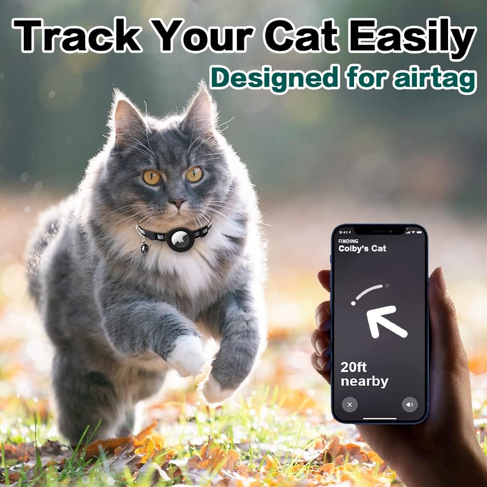 Airtag Cat Collar Breakaway, Reflective Kitten Collar with Apple Air Tag Holder and Bell for Girl Boy Cats, 0.4 Inches in Width and Lightweight (Blue)