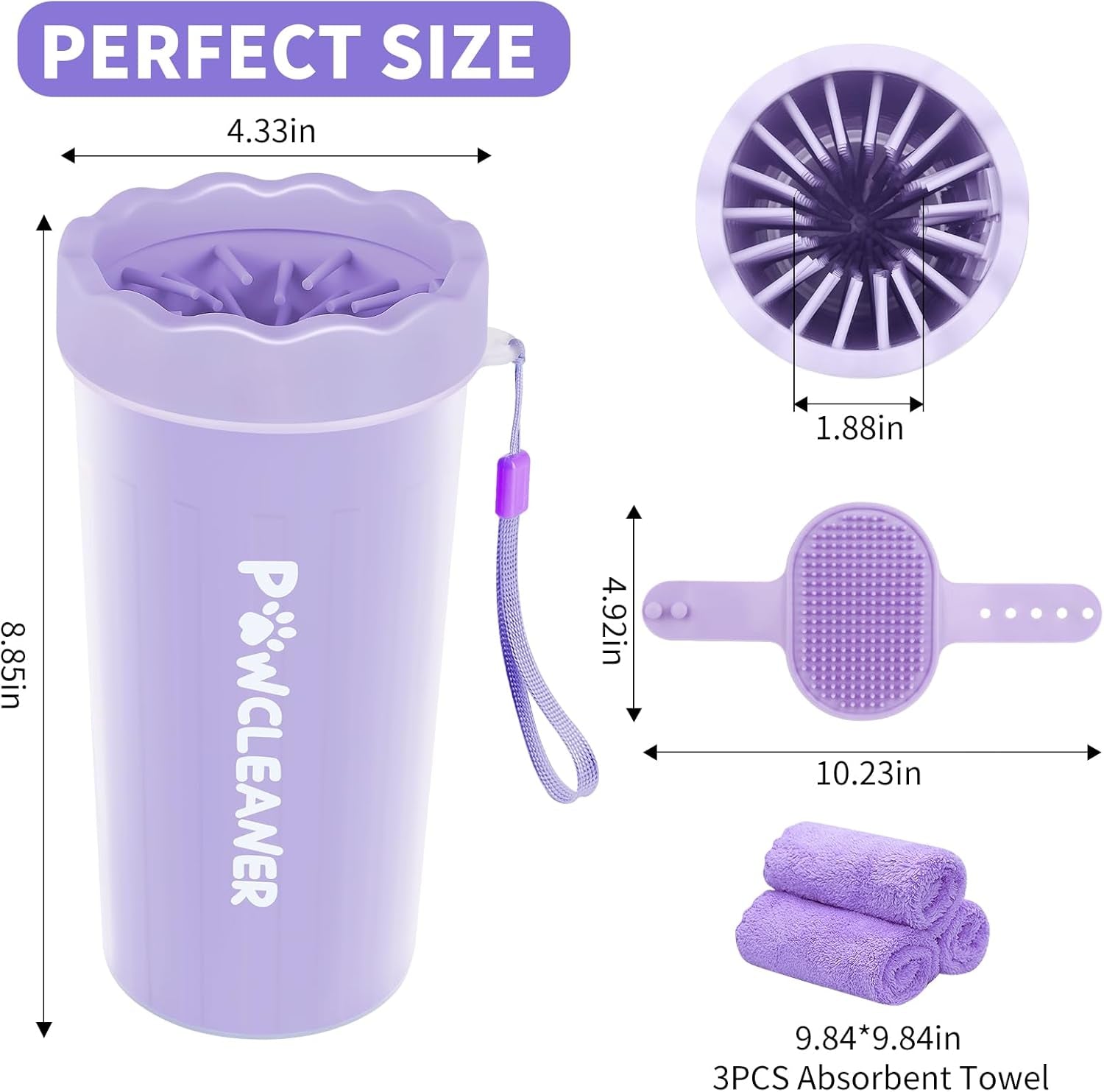Dog Paw Cleaner, Washer, Muddy Pet Foot Cleaner for Small Medium Large Breed Dogs/Cats (With 3 Absorbent Towel) (Purple, Large)
